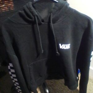 Vans Black Hoodie with White Logo and Checkered Sleeves